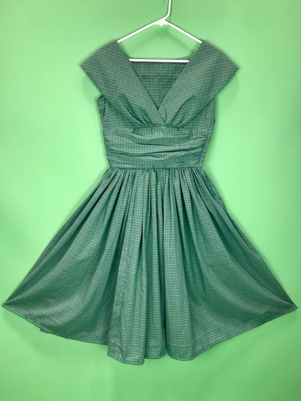 Vintage 50s Green Blue Gingham Fit and Flare Dress Size Small
